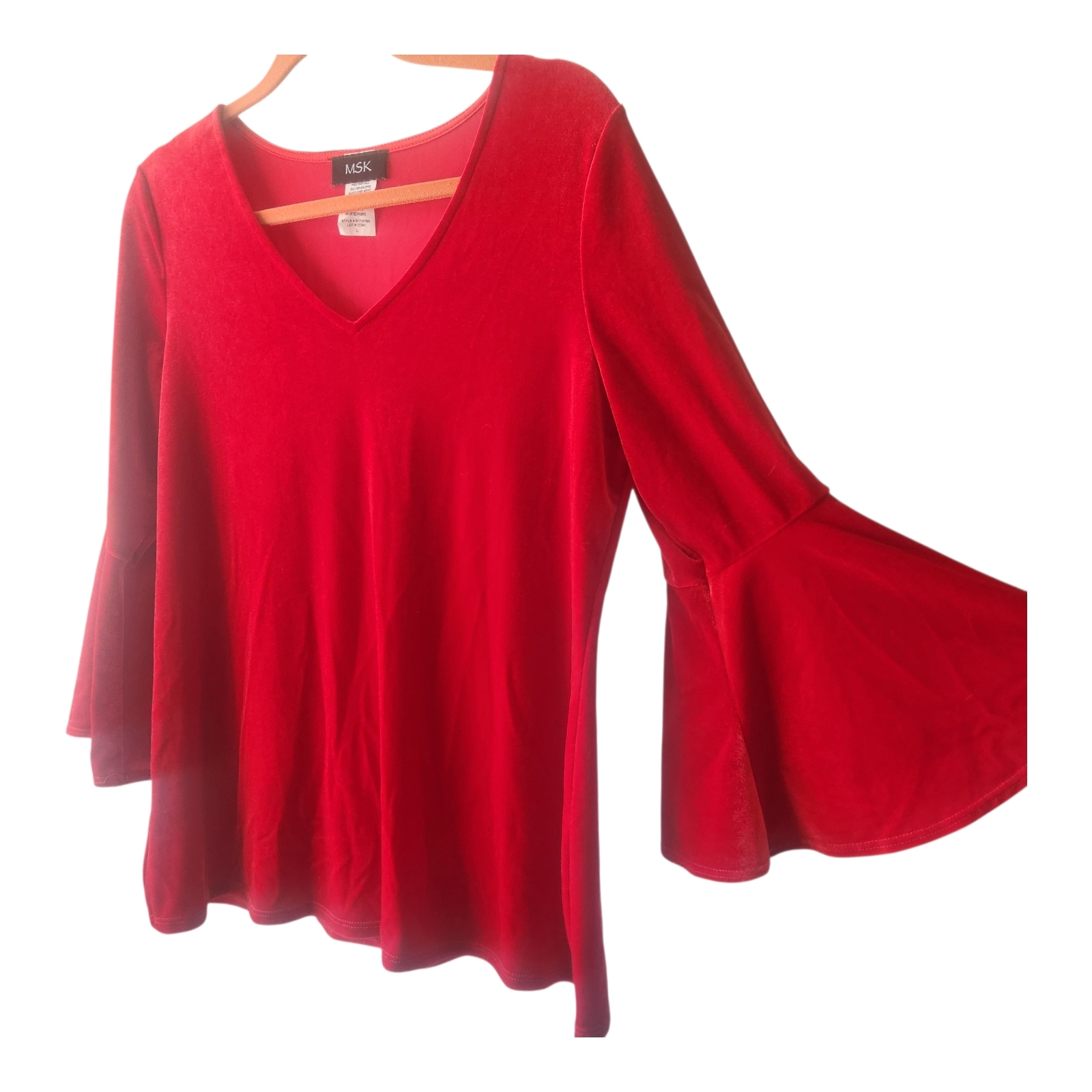 Msk Women's Red Velvet Blouse Flowy Bell Sleeves Large